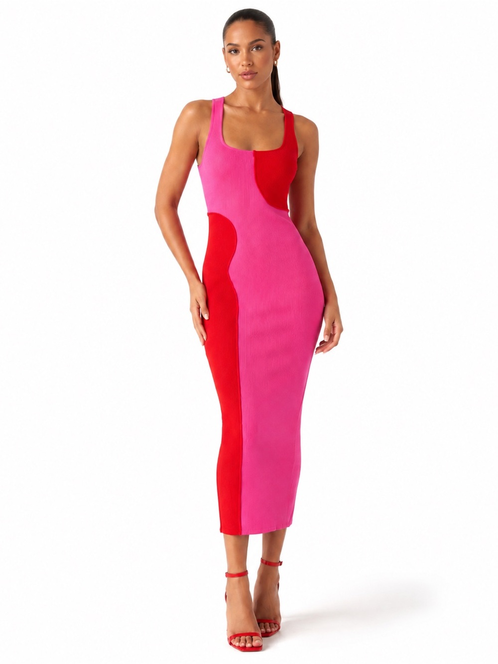 NWOT Sexy Naked Wardrobe Pink Red Colorblock Ribbed Bodycon Midi Dress S